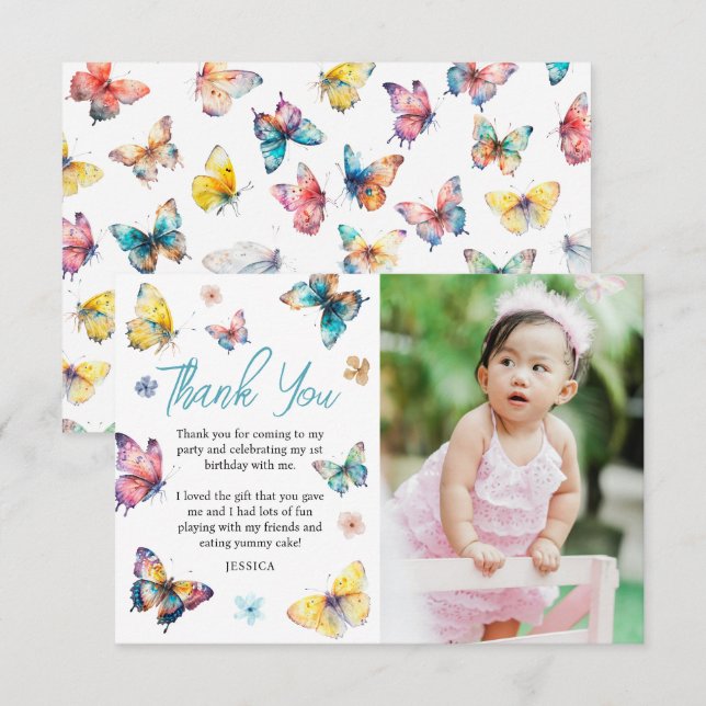 Carte De Remerciements Photo d'anniversaire de la belle fille papillon (Devant / Derrière)