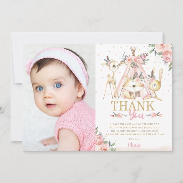 Carte De Remerciements Photo d'anniversaire de la tribu Boho de Cute Wood (Devant)