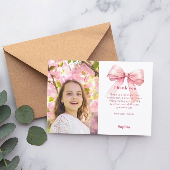 Carte De Remerciements Photo d'anniversaire fille noeud rose (Créateur téléchargé)