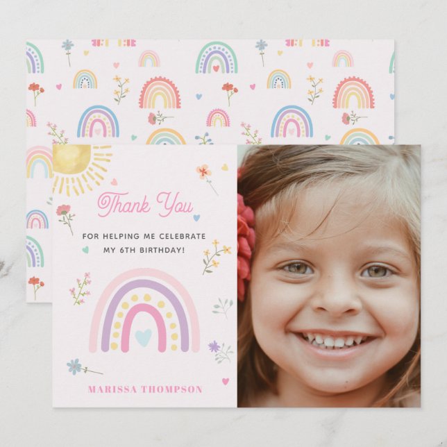 Carte De Remerciements Photo d'anniversaire Pastel Rainbows Girly Wildflo (Devant / Derrière)