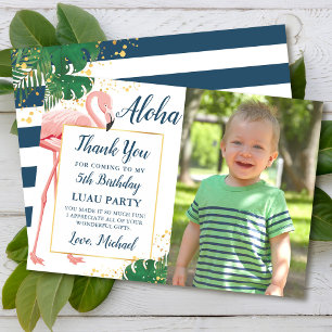 Carte De Remerciements Photo d'anniversaire tropical bleu or flamingo Alo