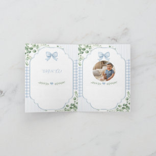 Carte De Remerciements Photo de Baby Shower avec ruban bleu et guingan ve