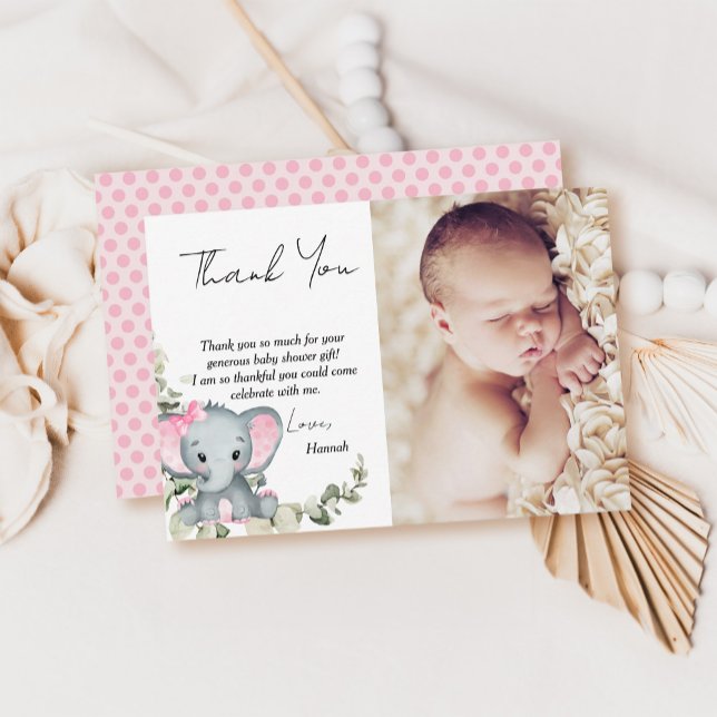 Carte De Remerciements Photo de Baby Shower Fille Éléphant (Créateur téléchargé)