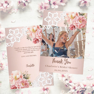 Carte De Remerciements Photo de Baby Shower rose gold et dentelle rose