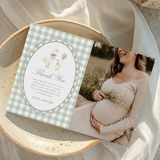 Carte De Remerciements Photo de Baby Shower Sage Vert Gingham Silly Goose