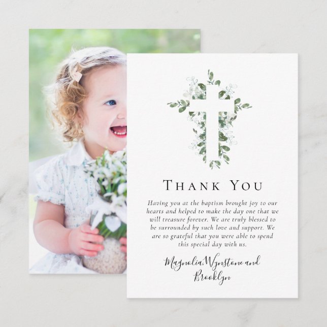 Carte De Remerciements Photo de baptême croisé eucalyptus  (Devant / Derrière)