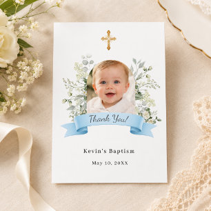 Carte De Remerciements Photo de baptême fleurs blanches bleues garçon