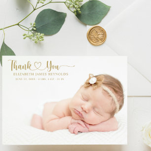 Carte De Remerciements Photo de bébé nouveau-né personnalisé moderne Gold