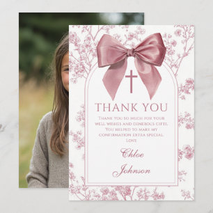 Carte De Remerciements Photo de confirmation de fille florale à ruban ros