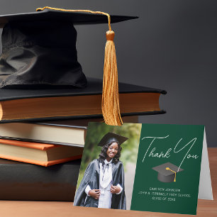 Carte De Remerciements Photo de diplômé vert chic personnalisé pour la re