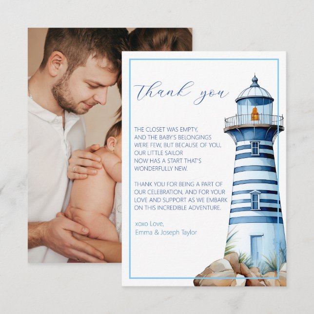 Carte De Remerciements Photo de douche de phare nautique bleu (Devant / Derrière)