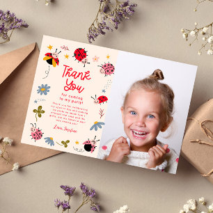 Carte De Remerciements Photo de fête d'anniversaire florale coccinelle