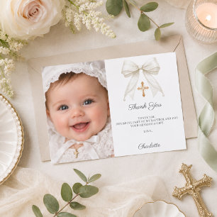 Carte De Remerciements Photo de fille aux perles avec un nœud blanc Baptê
