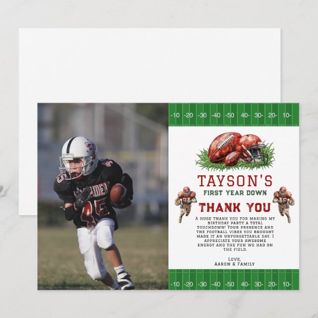 Carte De Remerciements Photo de football de première année Fête d'anniver (Devant / Derrière)