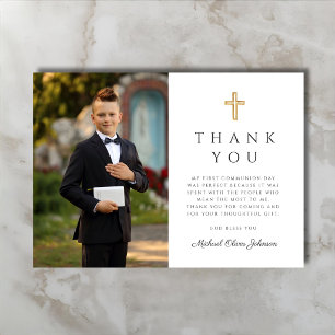 Carte De Remerciements Photo de garçon de première communion à croix élég