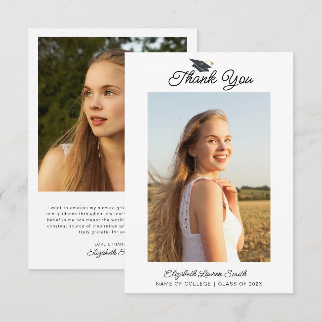 carte de remerciements photo de graduation en écri (Devant / Derrière)