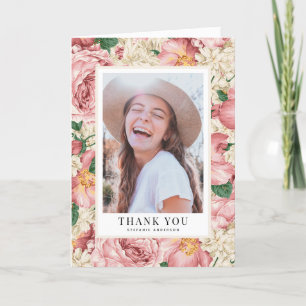 Carte De Remerciements Photo de graduation vintage de flush et de fleurs 