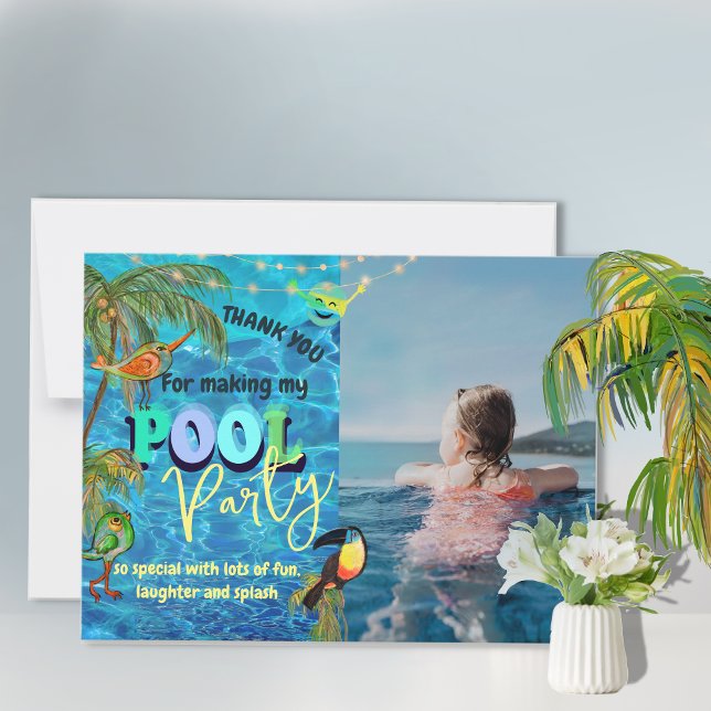 Carte De Remerciements Photo de la fête de la piscine de loisirs tropical (Tropical Fun Pool Party Photo Thank You Card)