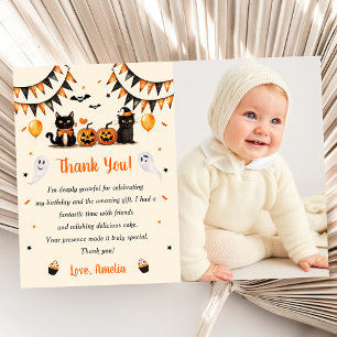 Carte De Remerciements Photo de la fête d'Halloween Chat noir Boo