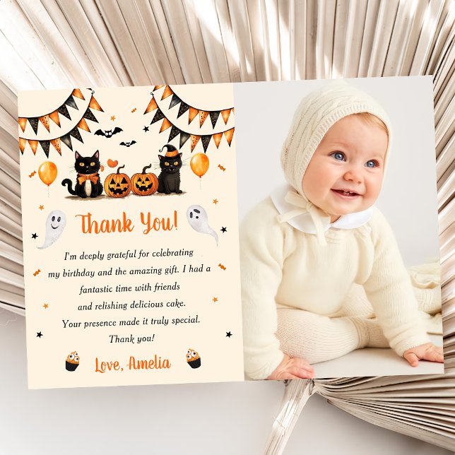 Carte De Remerciements Photo de la fête d'Halloween Chat noir Boo (Créateur téléchargé)