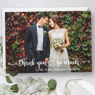 Carte De Remerciements Photo de mariage à cœur de calligraphie
