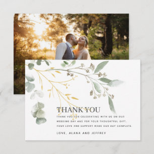 Carte De Remerciements Photo de mariage à la gouache avec eucalyptus verd