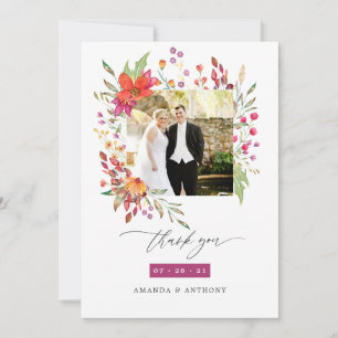 Carte De Remerciements Photo de mariage à l'aquarelle avec fleurs sauvage