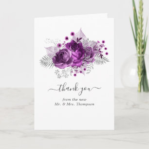 Carte De Remerciements Photo de mariage à l'aquarelle prune et argent