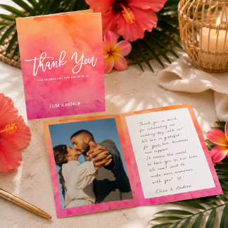 Carte De Remerciements Photo de mariage à l'aquarelle rose orange moderne
