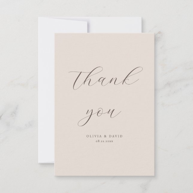 Carte De Remerciements Photo de mariage à l'écriture moderne simple beige (Devant)