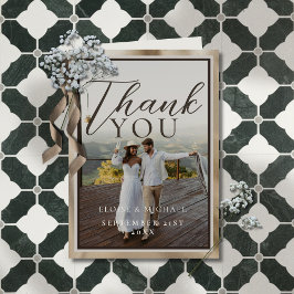Carte De Remerciements Photo de mariage à motif botanique marron rustique