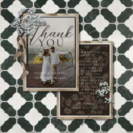 Carte De Remerciements Photo de mariage à motif botanique marron rustique