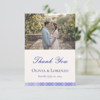 Carte De Remerciements Photo de mariage au citron de carreau bleu méditer