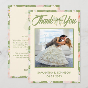 Carte De Remerciements Photo de mariage au ruban gingham vert Wildflower