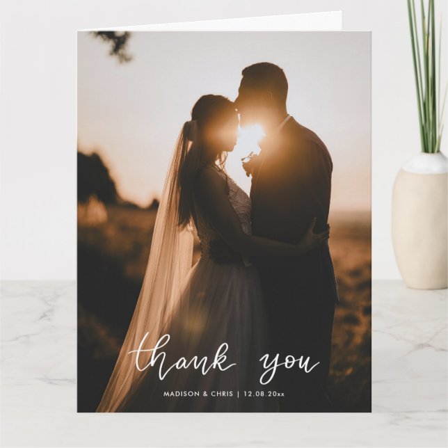 Carte De Remerciements Photo de mariage avec remerciement en écriture mod (Devant)
