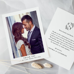 Carte De Remerciements Photo de mariage élégant monogramme feuillage verd