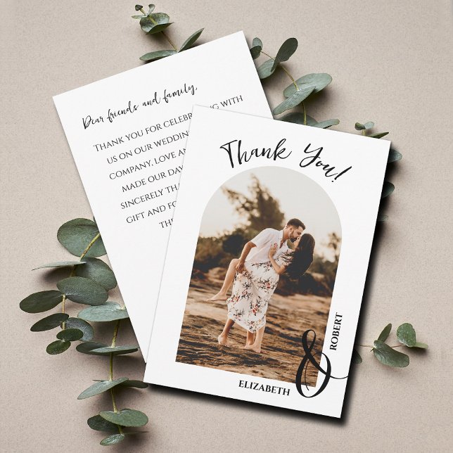 Carte De Remerciements Photo de mariage élégante (Elegant arched wedding photo flat thank you cards feature your message on the back)