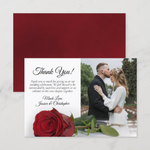 Carte De Remerciements Photo de mariage élégante d'une rose rouge simple