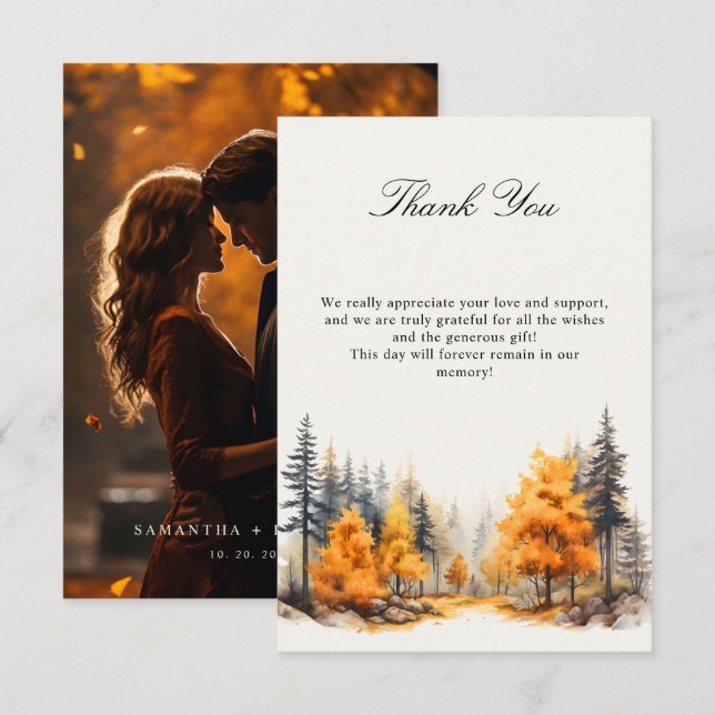 Carte De Remerciements Photo de mariage en forêt automnale (Devant / Derrière)