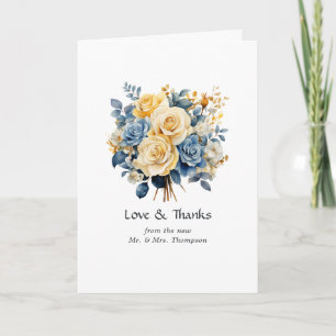 Carte De Remerciements Photo de Mariage Floral Bleu et Or