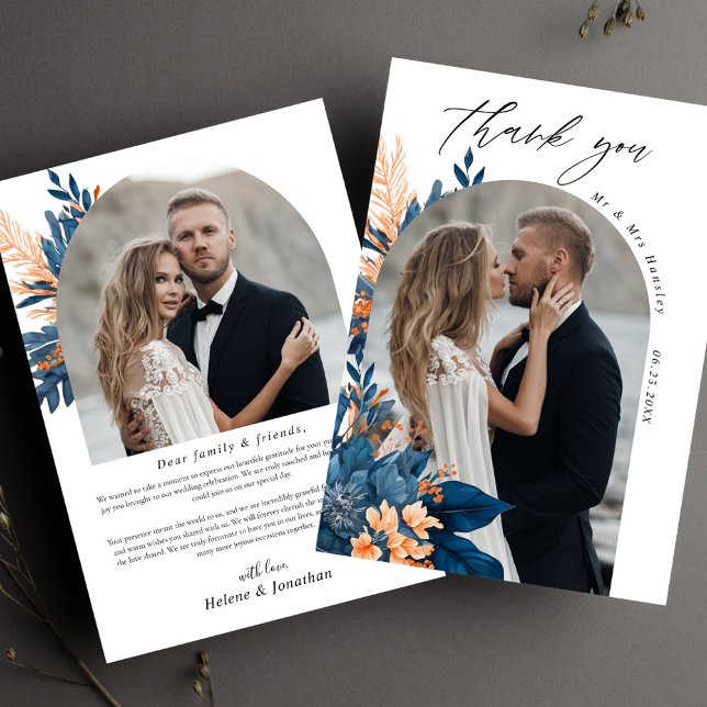 Carte De Remerciements Photo de Mariage Floral de rouille d'Indigo (Indigo Rust Floral Wedding Photo Thank You Card)