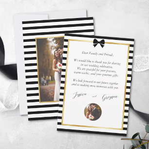 Carte De Remerciements Photo de mariage noir blanc rayé cadre or