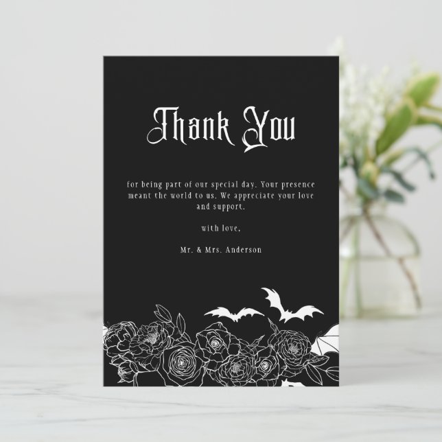 Carte De Remerciements Photo de mariage noir floral gothique élégant (Debout devant)