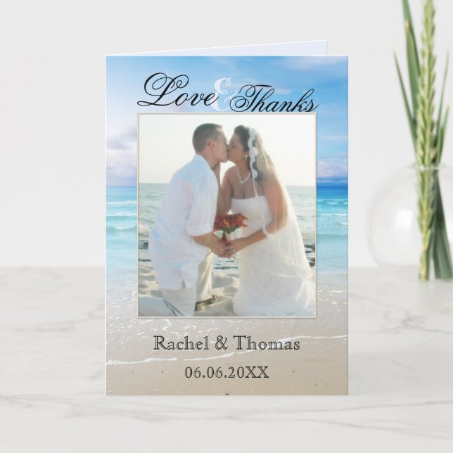 Carte de remerciements photo de mariage sur la pla (Devant)