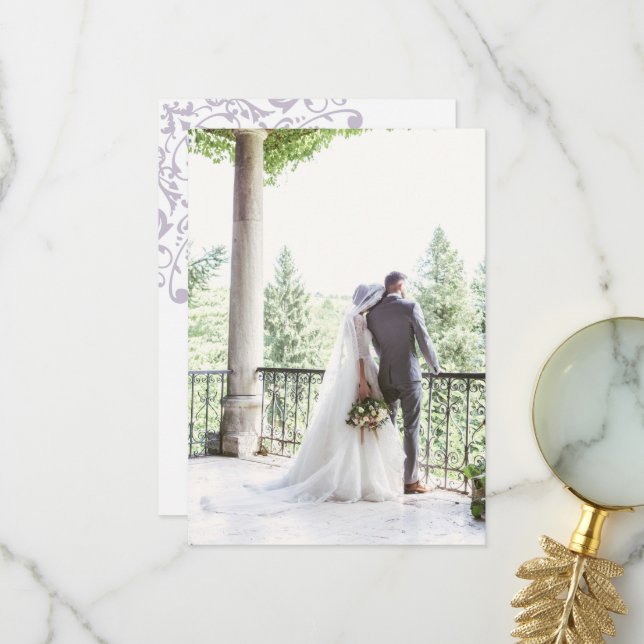 Carte De Remerciements Photo de mariage violet Fleur de Lis de la Régence (Devant/Arrière en situation)