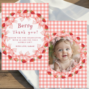 Carte De Remerciements Photo de naissance Coquette Berry avec carreaux ro