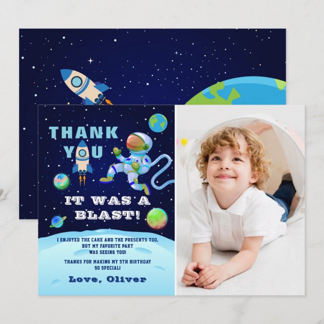 Carte De Remerciements Photo de naissance d'astronaute bleu dans l'espace (Devant / Derrière)