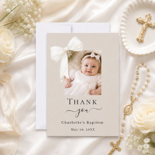 Carte De Remerciements Photo de noeud de baptême blanc neutre