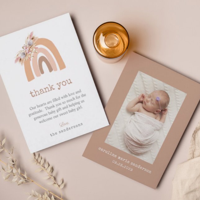Carte De Remerciements Photo de nouveau-né avec fleurs boho et herbe de p (Créateur téléchargé)