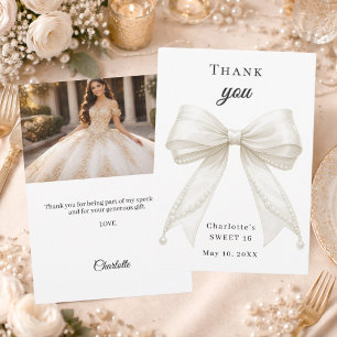 Carte De Remerciements Photo de perles ivoire avec un nœud Sweet 16
